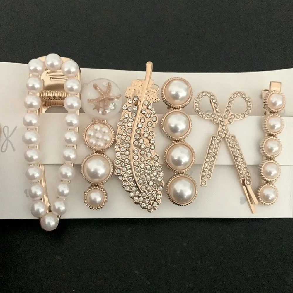 Set of 6 Pearl and Rhinestone Hair Clips Starfish Scissors Feather